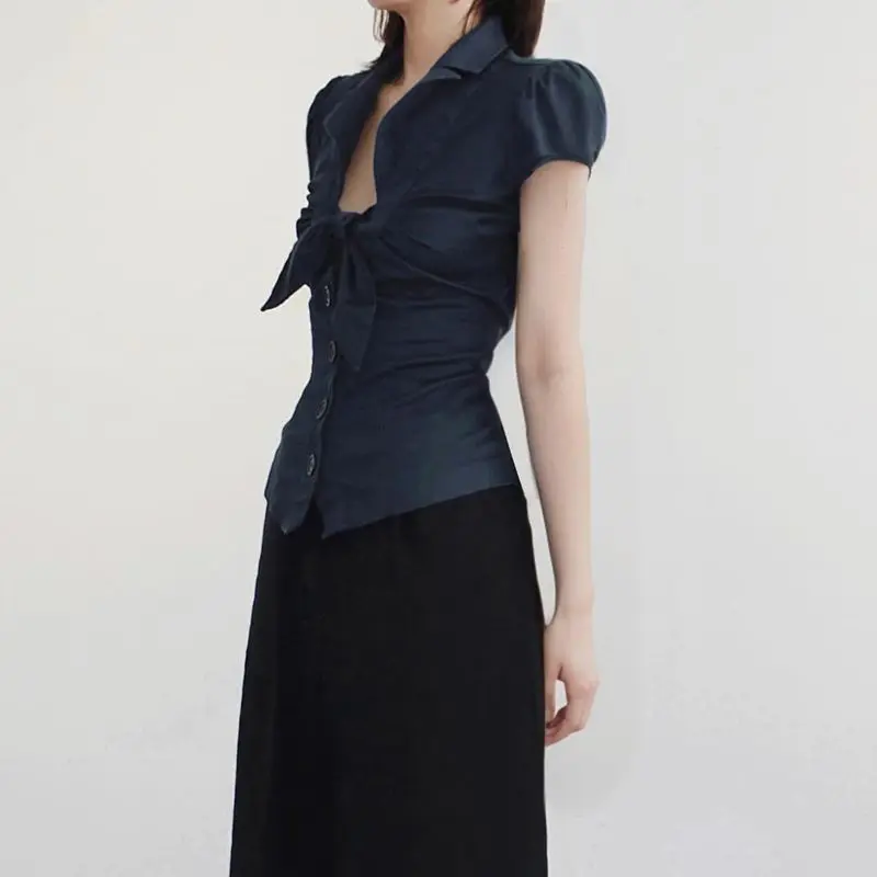 

Onalippa 2025 New French Court Temperament Bow Tie Buckle Shirt Solid Color Slimming Straight Shoulder Bubble Sleeve Top Women
