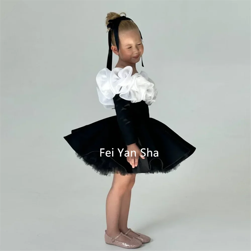 Vestidos elegantes de terciopelo negro para niña, vestido de fiesta de boda con flores en 3D y hombros descubiertos, vestido corto de cumpleaños personalizado