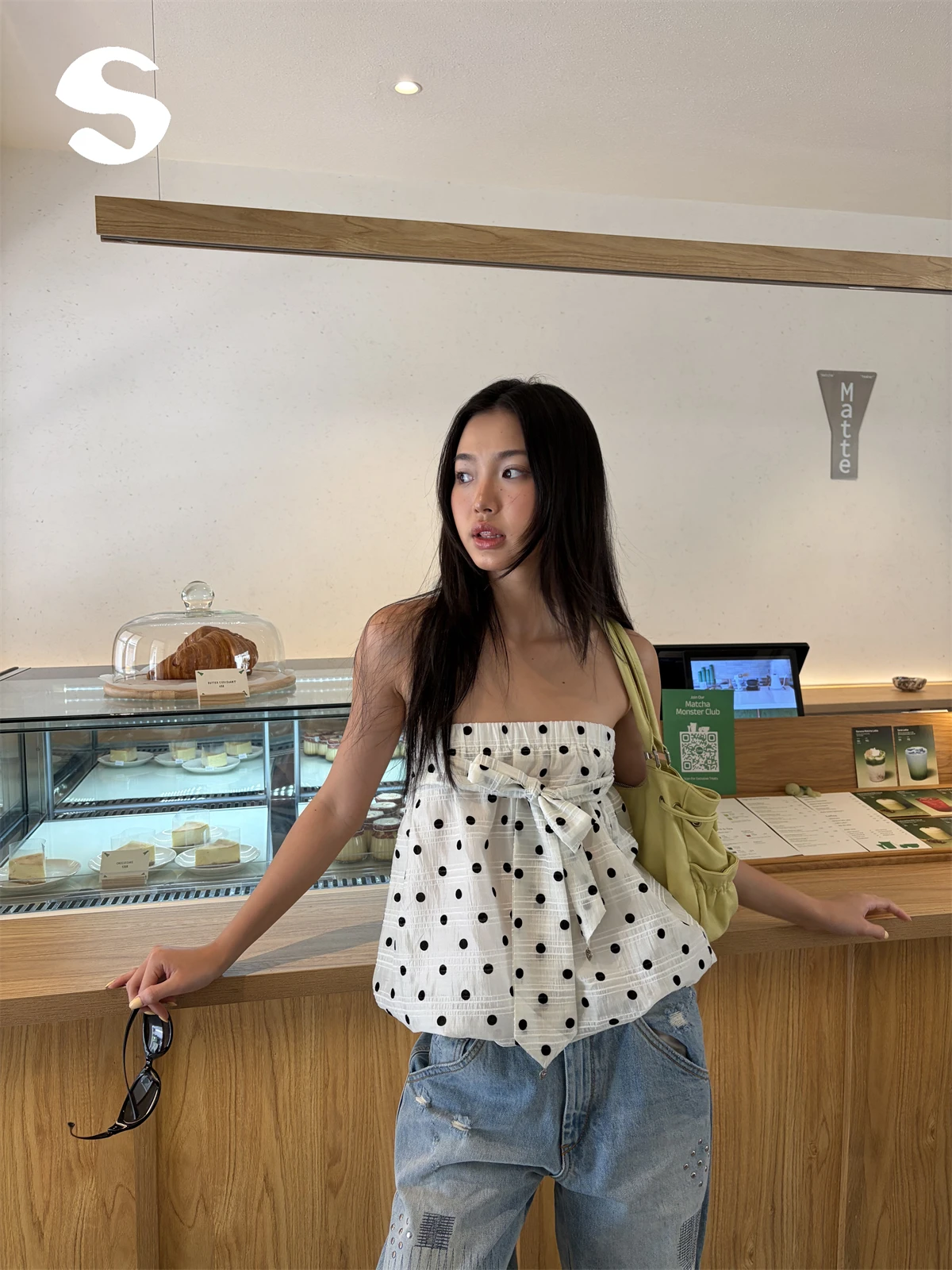 Summer Polka Dot Strapless White Tube Top Women's Korean Style Sweet Checkered Design Loose Fit Short Length Vest Top