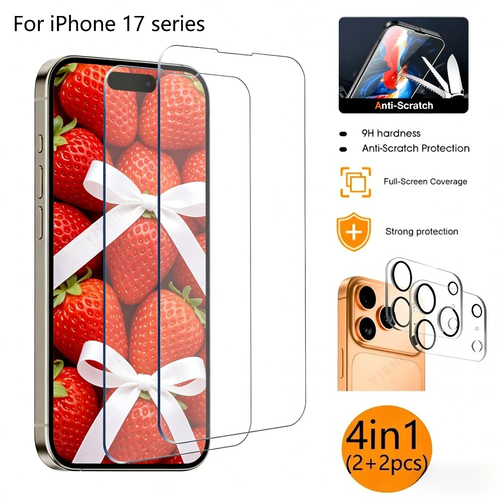 

2Pcs Full Cover Tempered Glass for iPhone 17 16 15 14 Pro Max 16 15 Plus Air 17e 13 12 11 Pro With 2Pcs HD Camera Lens Protector