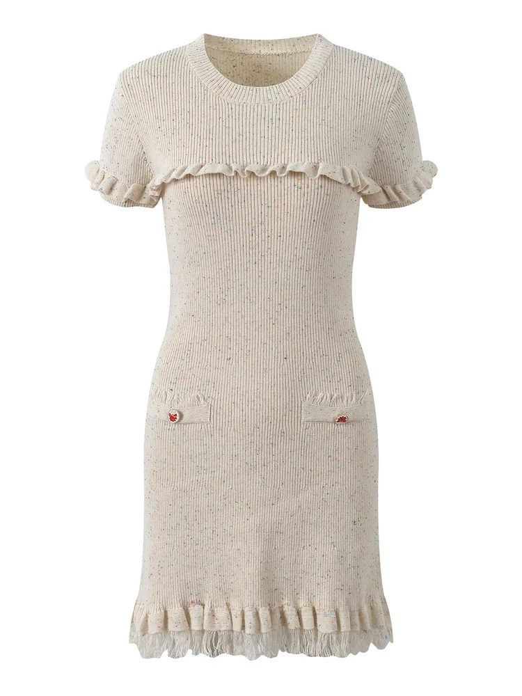 Sukienka europejska, elegancka, z falbanką, okrągły dekolt, dzianinowa, damska, z wysokim stanem, w kształcie litery A, letnia.