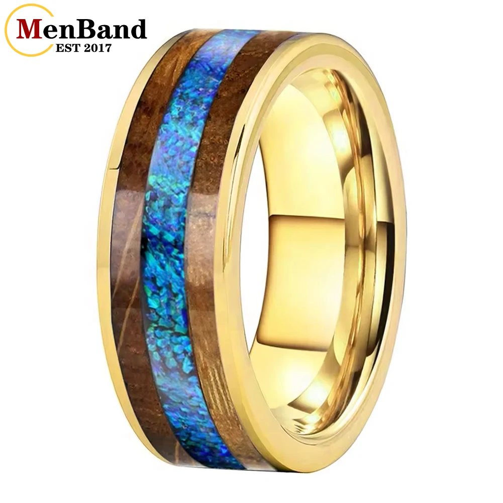 

MenBand 8mm Blue Opal Whisky Barrel Wood Inlay Gold Tungsten Ring for Men Women Fasion Wedding Band Comfort Fit