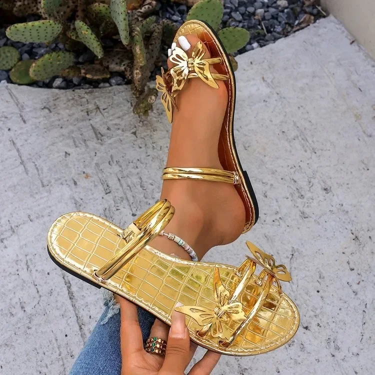 Butterfly rhinestone flat-bottomed slippers for women to wear beach one-word cool slippers