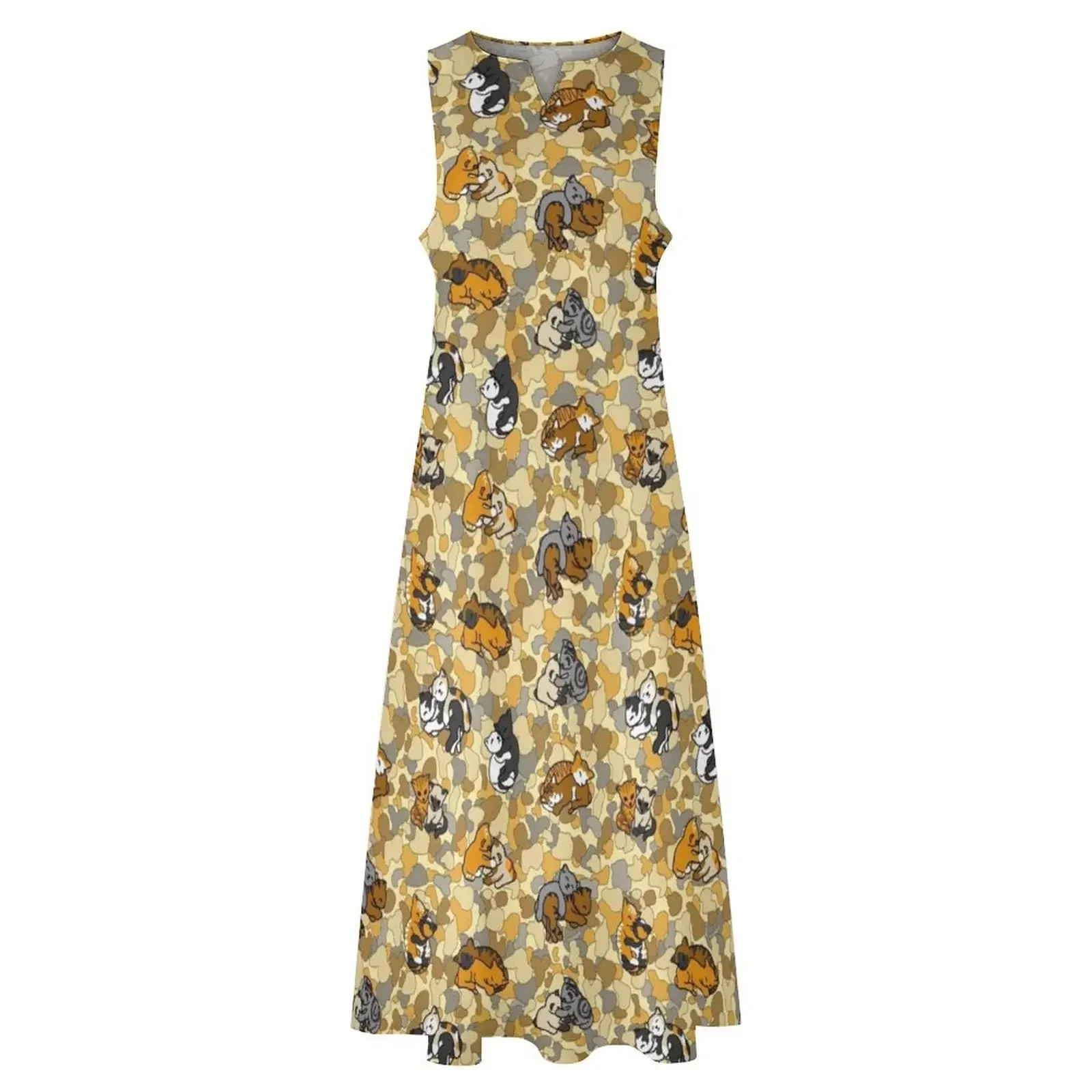 Abraçando gato camo natural marrom amarelo laranja cinza vestido longo verão vestido feminino 2025 vestido vintage sexy para mulher