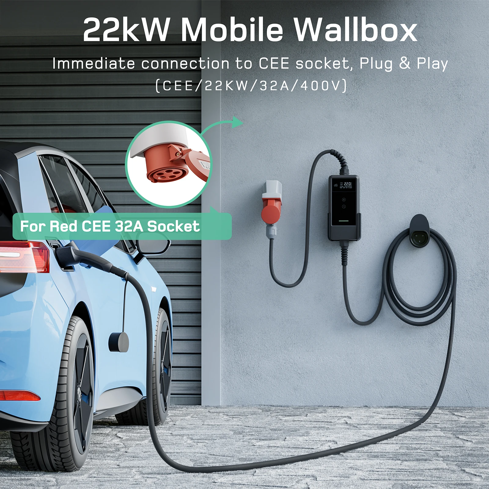 dé EV Charger 22kW CEE Plug 32A 3-phase to Type 2 Wallbox EVSE 7m 10m 15m Cable Dual Button Control with Electricity Meter