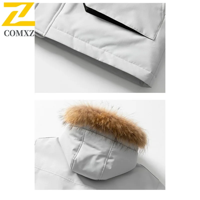 COMXZ Piumino da uomo Nuovo collo in pelliccia Cappuccio da neve Addensare Piumino caldo 90 per cento Piumino d'anatra bianco Giacca a vento autunnale antivento