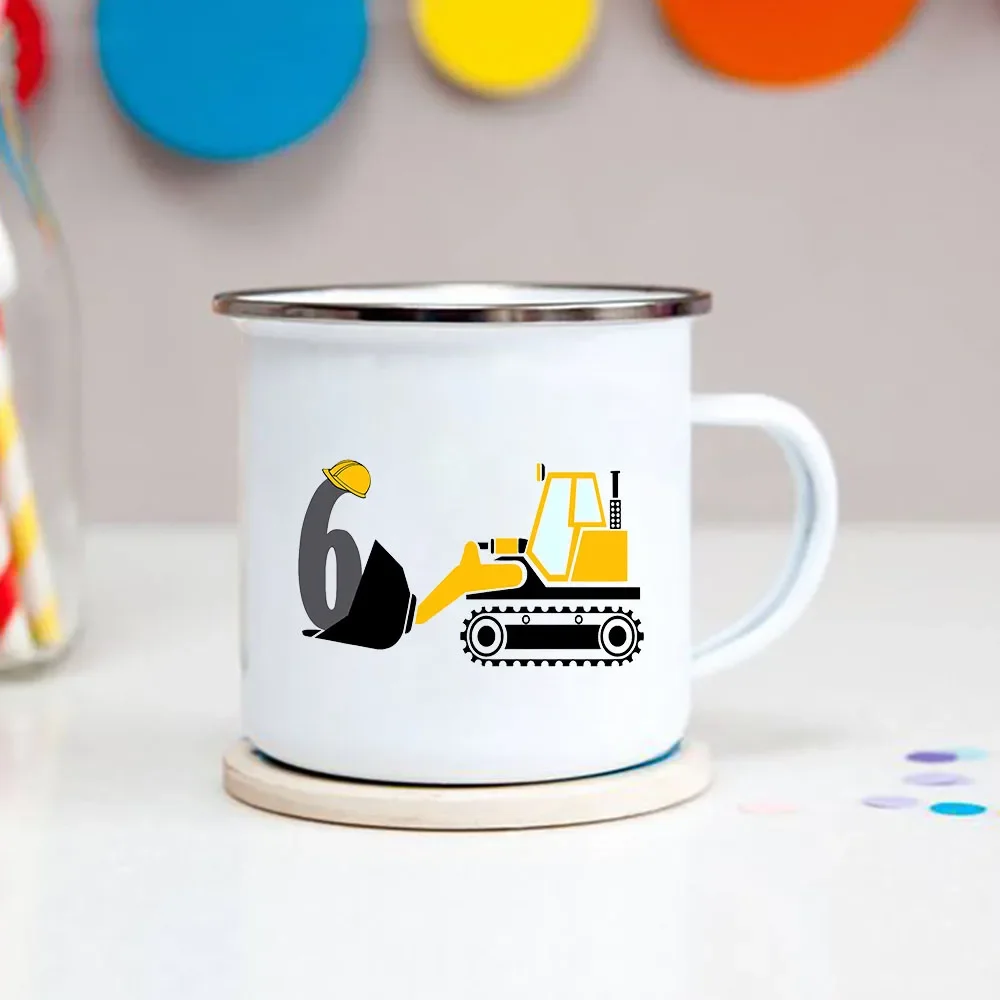 Cartoon Excavator 1-8 Year Boys Birthday Enamel Cola Mugs Kids Baby Breakfast Dessert Milk Cocoa Cups Classmate Birthday Gifts