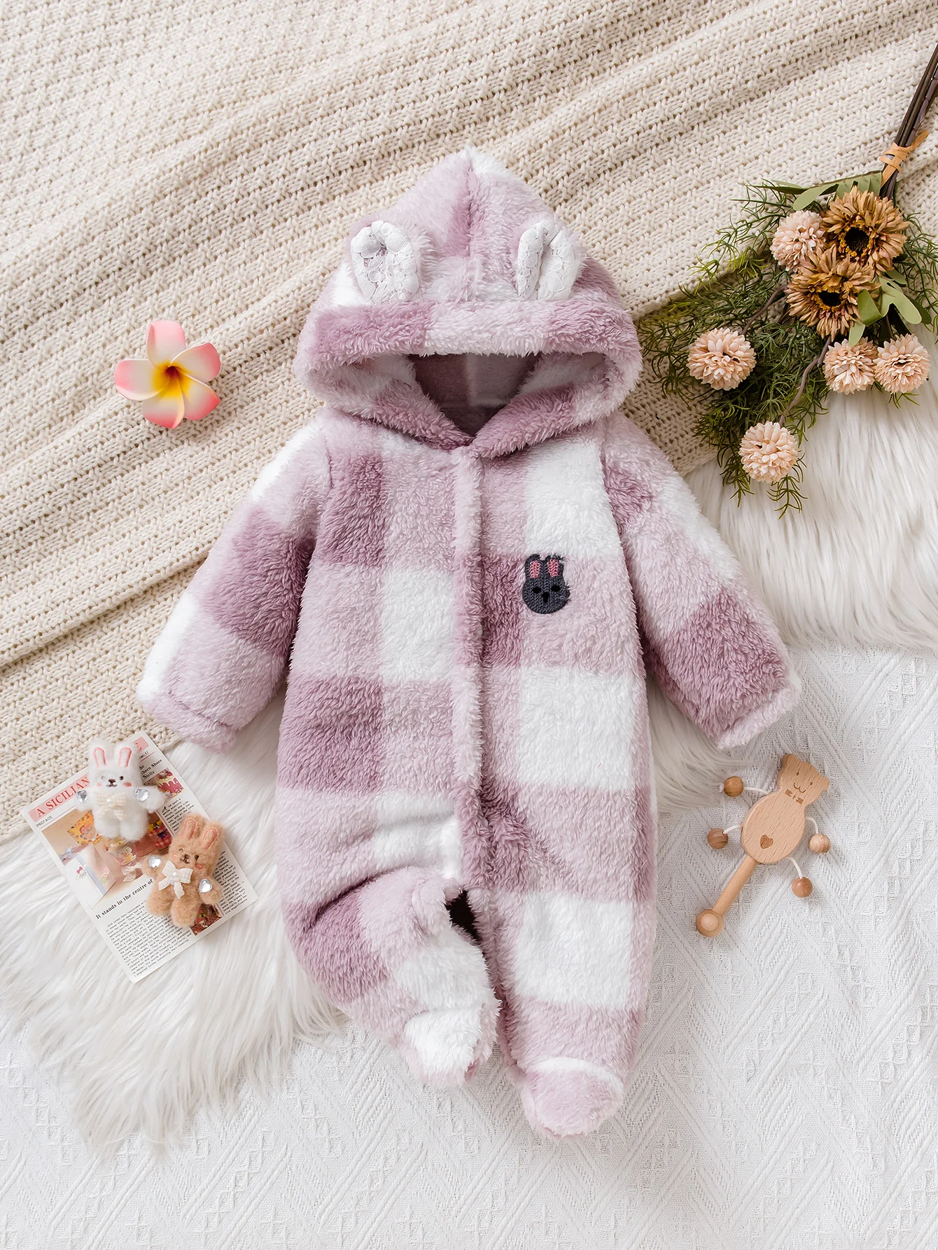 Girls Plaid Fluffy Onesie with Hat Winter Warm Baby Clothes Comfortable Cute Infant Crawling Suit Fun-loving Outfit for Toddlers