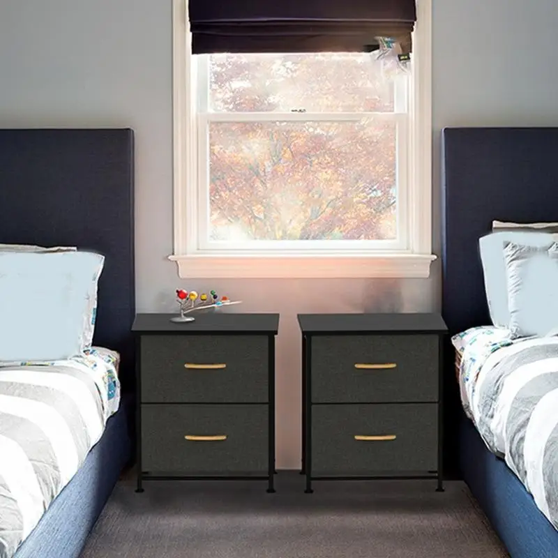 

Modern 2 Drawer Fabric Storage Cabinet with Metal Frame and Wooden Top for Home Organization Bedroom and Living Room Use