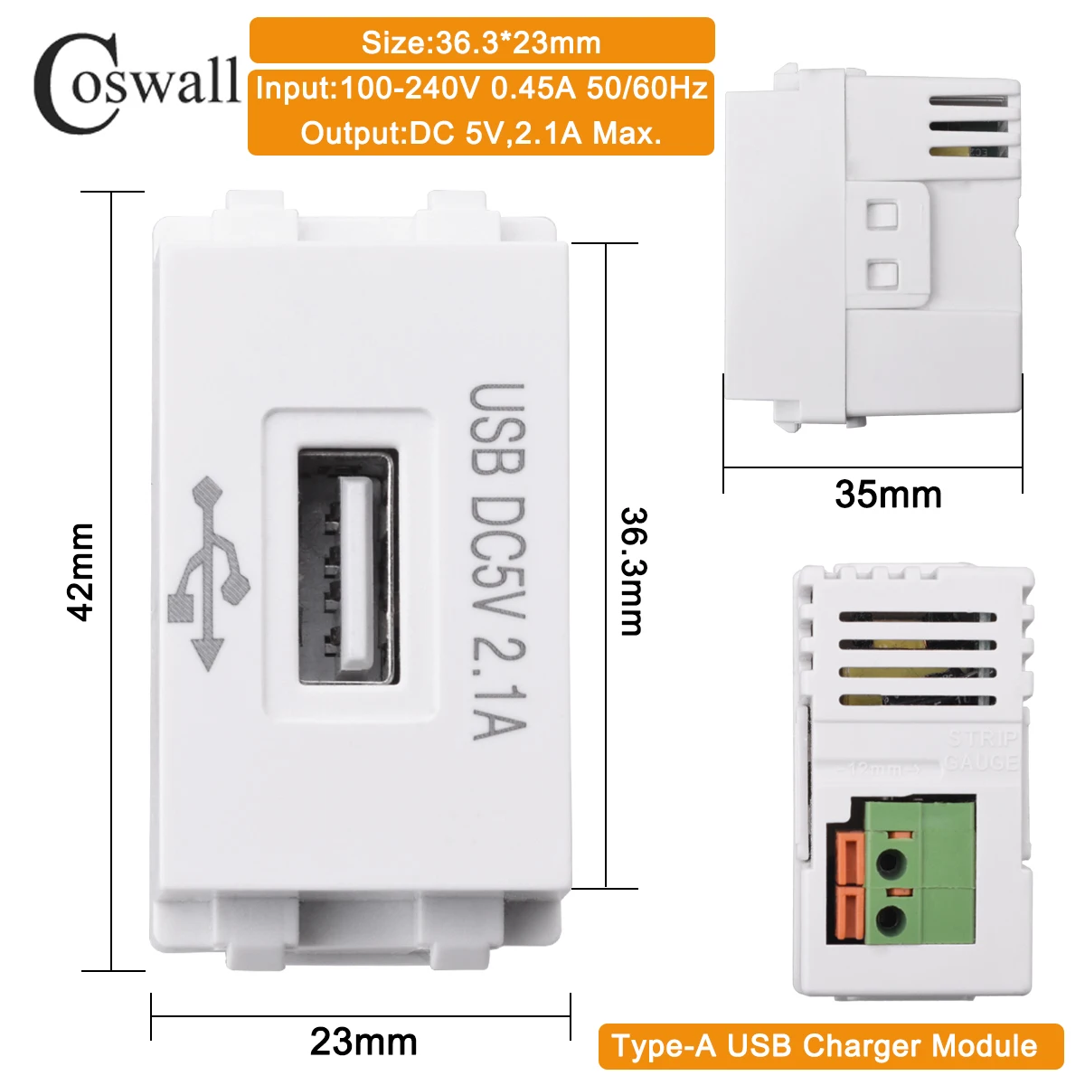 COSWALL 128 Type White / Black 36.3*23mm Wall Socket Type-C &A Dual USB Charger DC 5V,2A Max. Module DIY AC 100-240V