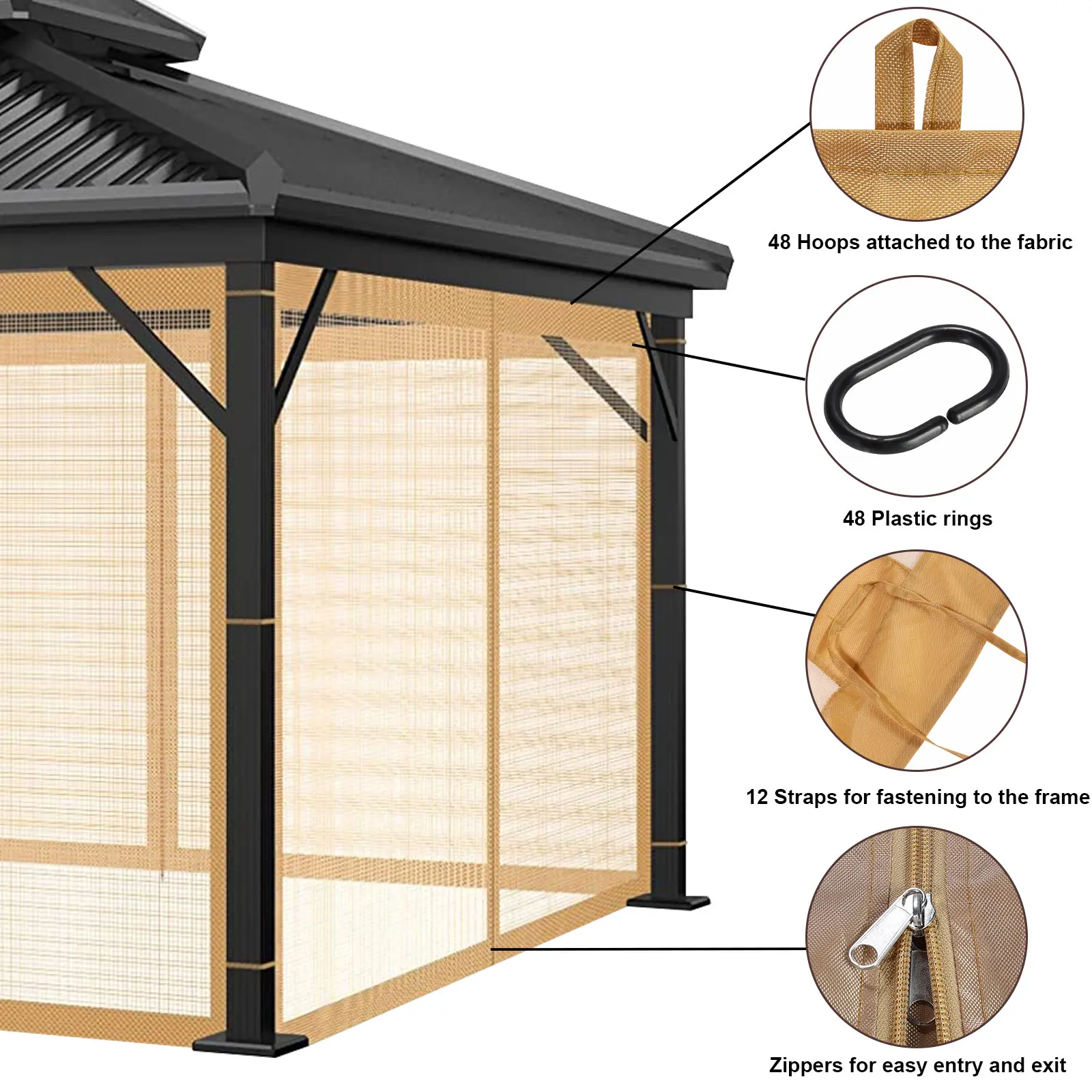 Moskitonetz für Gartenpavillon, Outdoor-Überdachung, Insektennetz mit Reißverschlüssen, Moskitovorhang für Garten und Terrasse, Moskitonetzgewebe – Detail 11