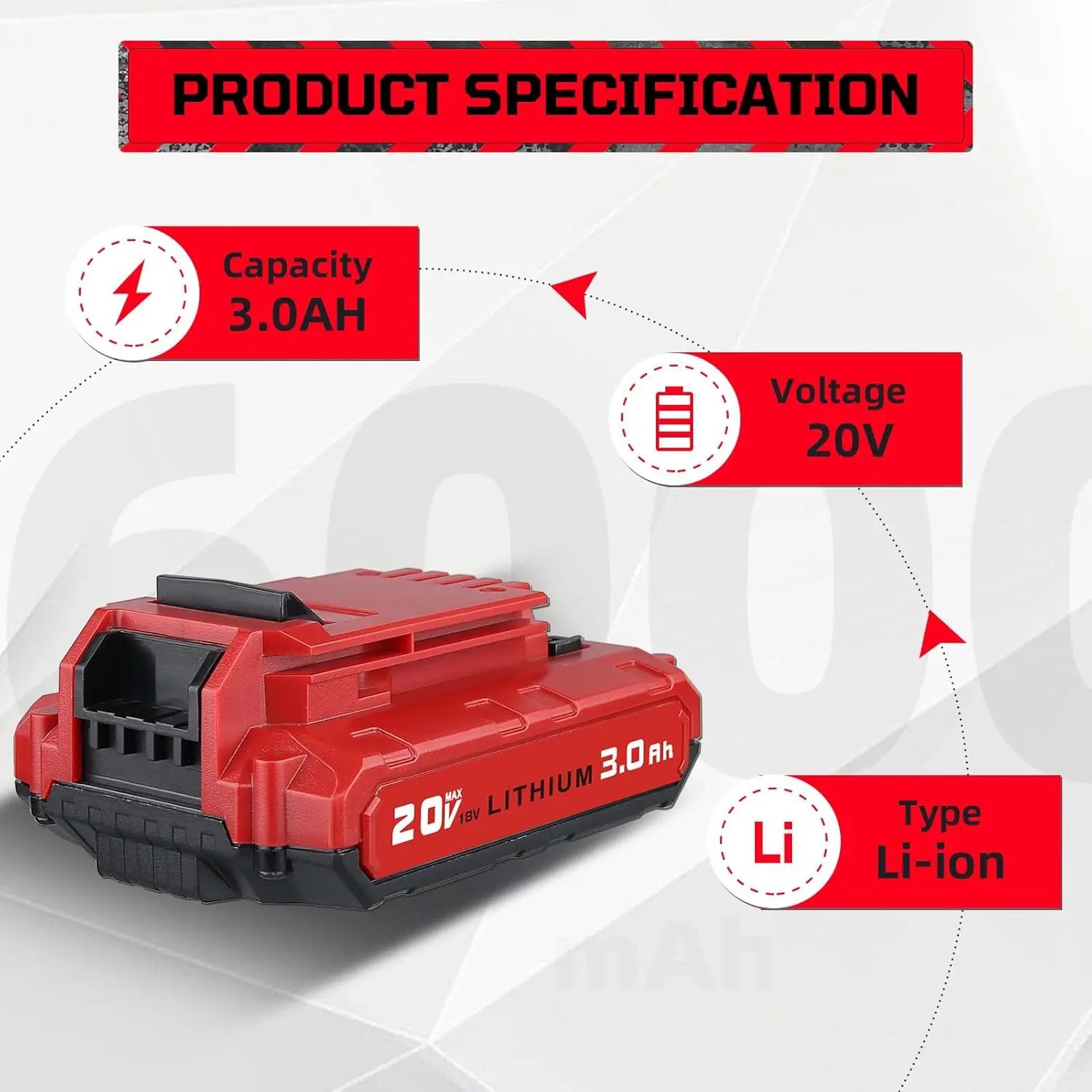 แบตเตอรี่ลิเธียมไอออน 3.0Ah 20V จำนวน 1/2/4 ก้อน รุ่น PCC680L ใช้แทนแบตเตอรี่เครื่องมือ Porter Cable 20V รุ่น PCC681L PCC682L PCC660 PCC683L PCC685L