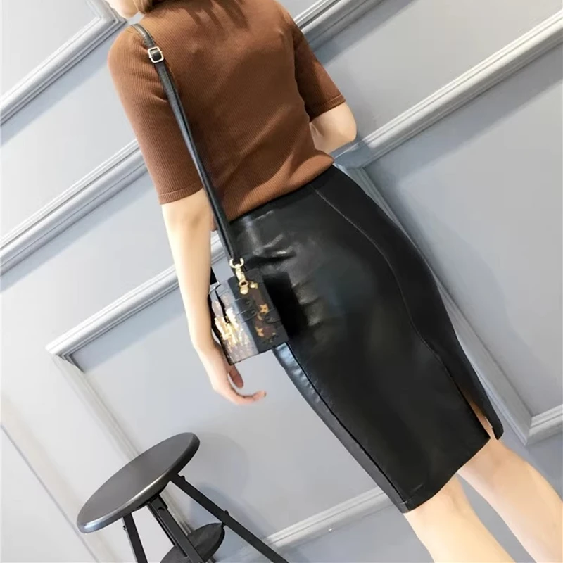 Woman High Waist Pencil Skirts Club Vintage Bodycon Midi Skirt PU Leather Skirt Sexy Jupe Faldas