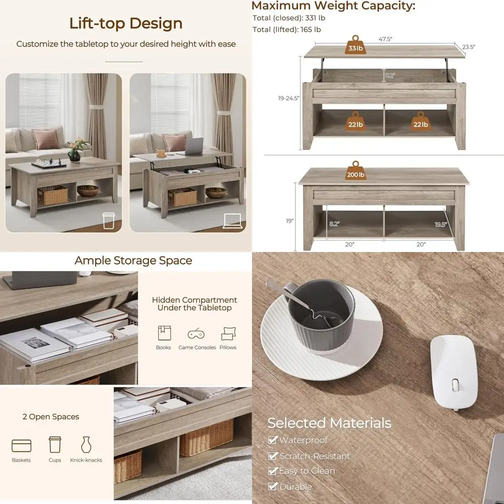 

Серый журнальный столик в фермерском доме 47,5 с подъемным верхом и нижней полкой для гостиной и офиса