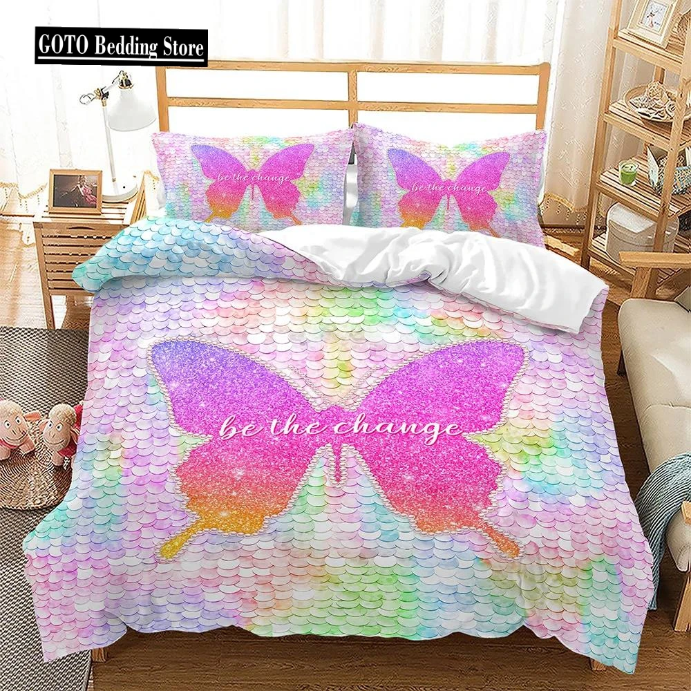 

Gradient Sequins Butterfly /puppy Love Boy Girl Duvet Cover Set for Single Double Print Bethe Change Shiny Fish Scales Bedding