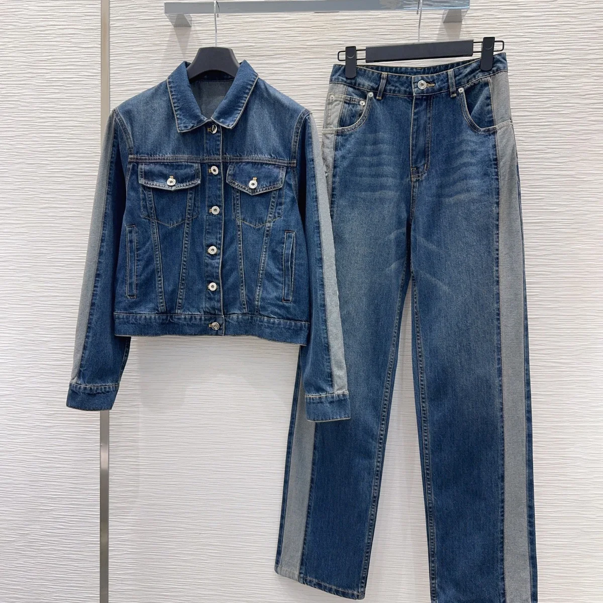 High Quality Women Color Block Denim Outfit, Long Sleeve Cropped Denim Jacket & Wide Leg Jeans Two Piece Set lyt26101630