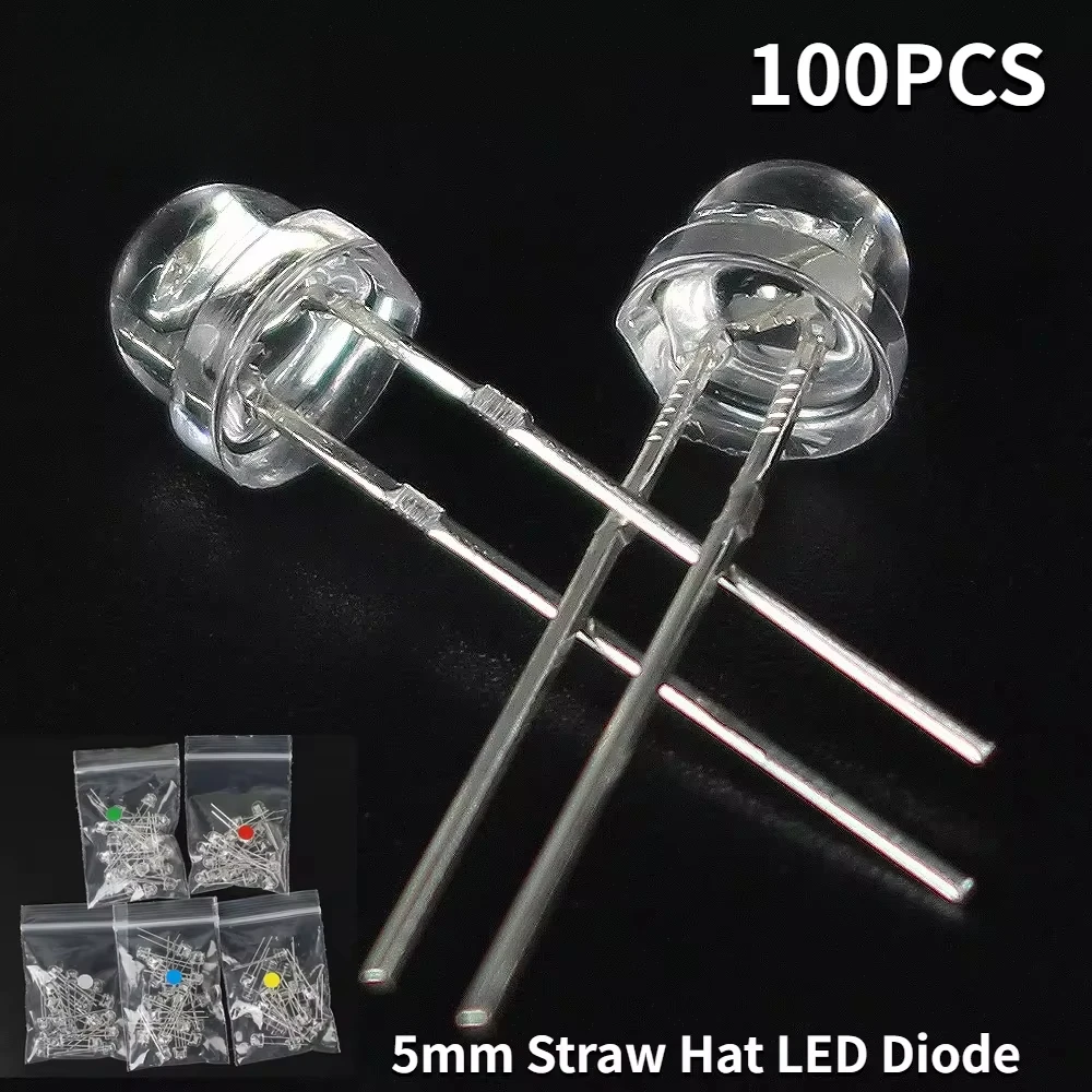 100PCS 5mm Straw F5 Hat LED Diode Super Bright Lamp Transparent Light Emitting Diode DIY Kit Blue Green Red Yellow White
