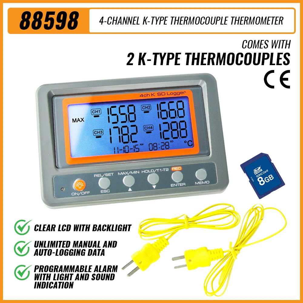 digital canais k tipo termopar termometro328 degree 2498 graus c f sd cartao wallmount data logger led alarme 88598 01