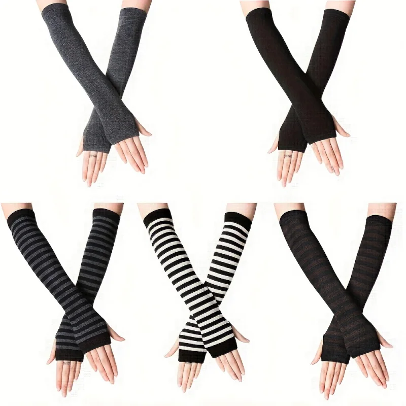 5 Pairs Women Striped Fingerless Gloves Soft Warm Long Arm Covers with Thumb Hole Stretchy Autumn Winter Casual Hand Warmer
