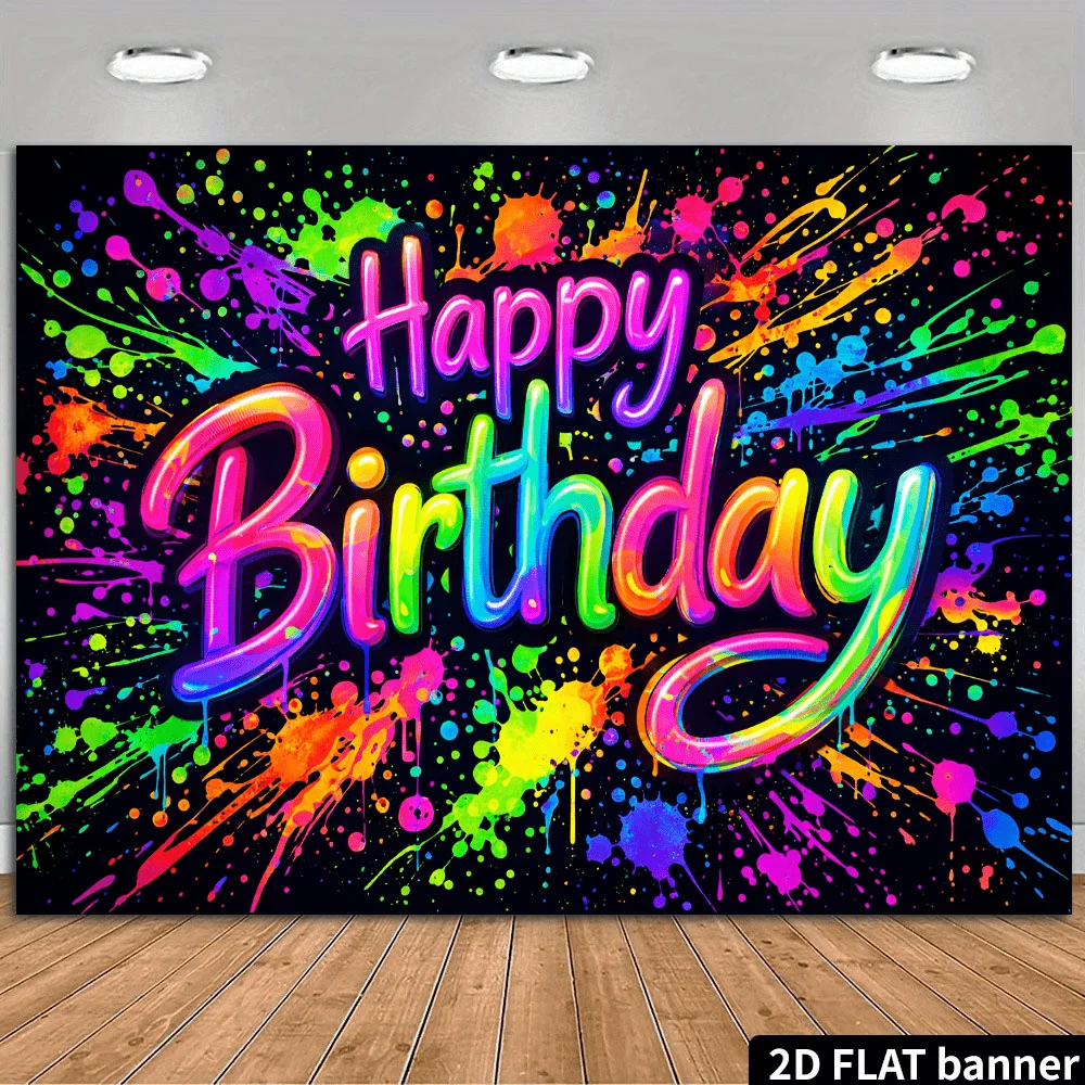 Vibrant Happy Birthday Wall Art Tapestry Neon Splatter Paint Graffiti Decor Banner for Party Celebration Room Decoration Gift Ba