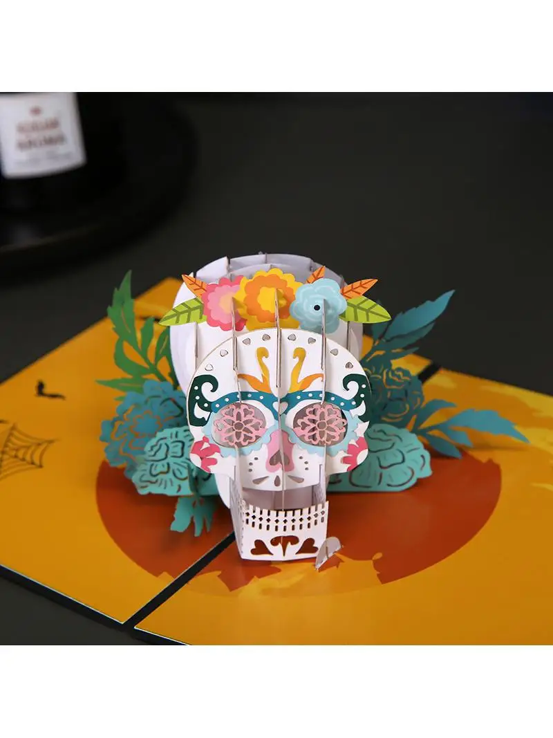 ハロウィン新作スカルヘッド手描き3d立体創作手作り中空紙彫刻グリーティングカード文化創造紙彫刻