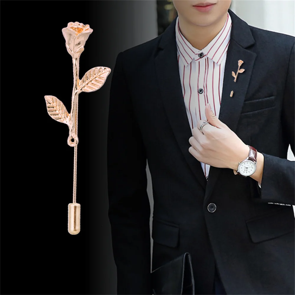 Men New Fashion Rose Flower Metal Brooch Pin Blazer Suit Lapel Wedding Party Boutonniere Charm Brooch Jewelry Clothes Accessory