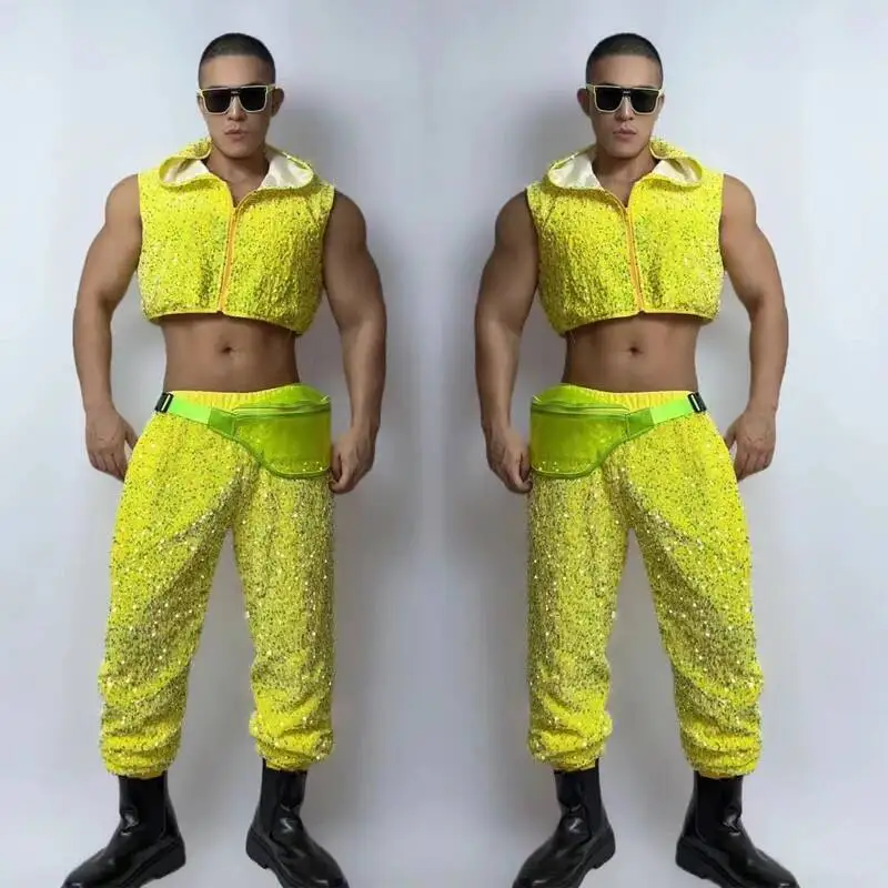 

Fluorescent Yellow Sequins Hoodies Pants Men Sexy Pole Dance Clothing Male Gogo Dance Costume Dj Ds Stage Rave Outfit