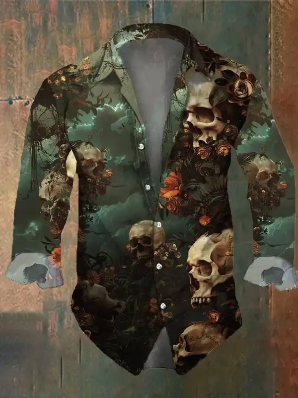 Camisa de manga larga con estampado de calavera oscura Retro para hombre, Tops negros con estampado de rosa de Calavera, ajuste Regular, cuello de solapa, mezcla de poliéster, Halloween