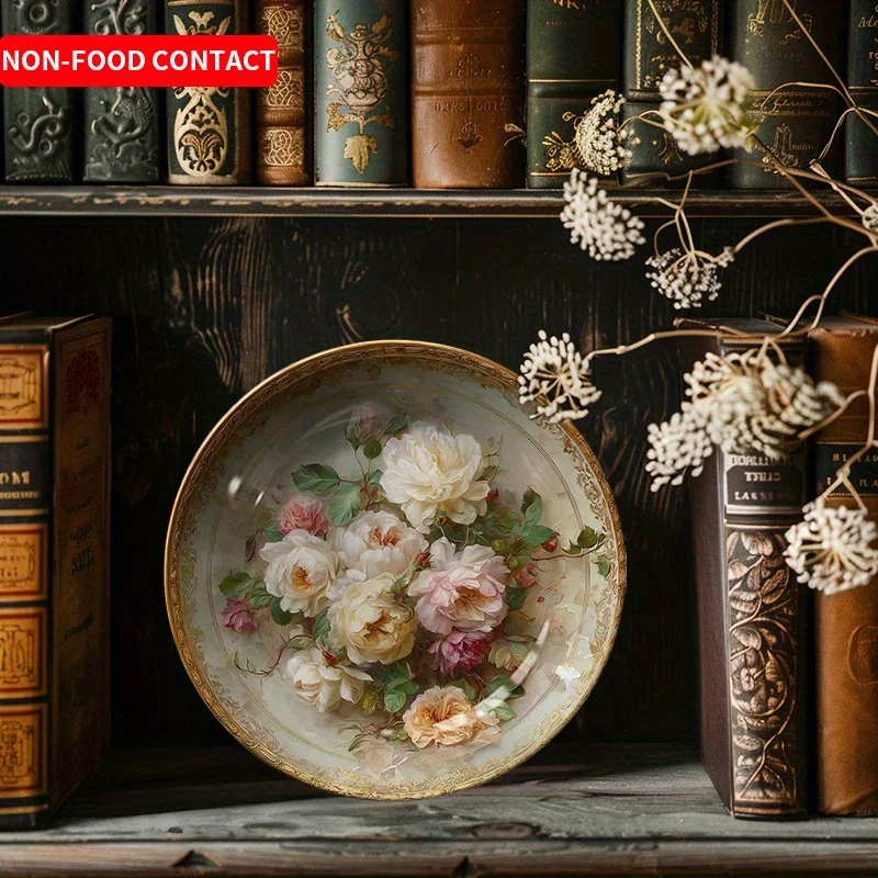 1pc Elegant Floral Ceramic Decorative Plate - Hand-Painted Rose Art, Non-Food Contact, Ideal for Home Wall Decor, Living Room,