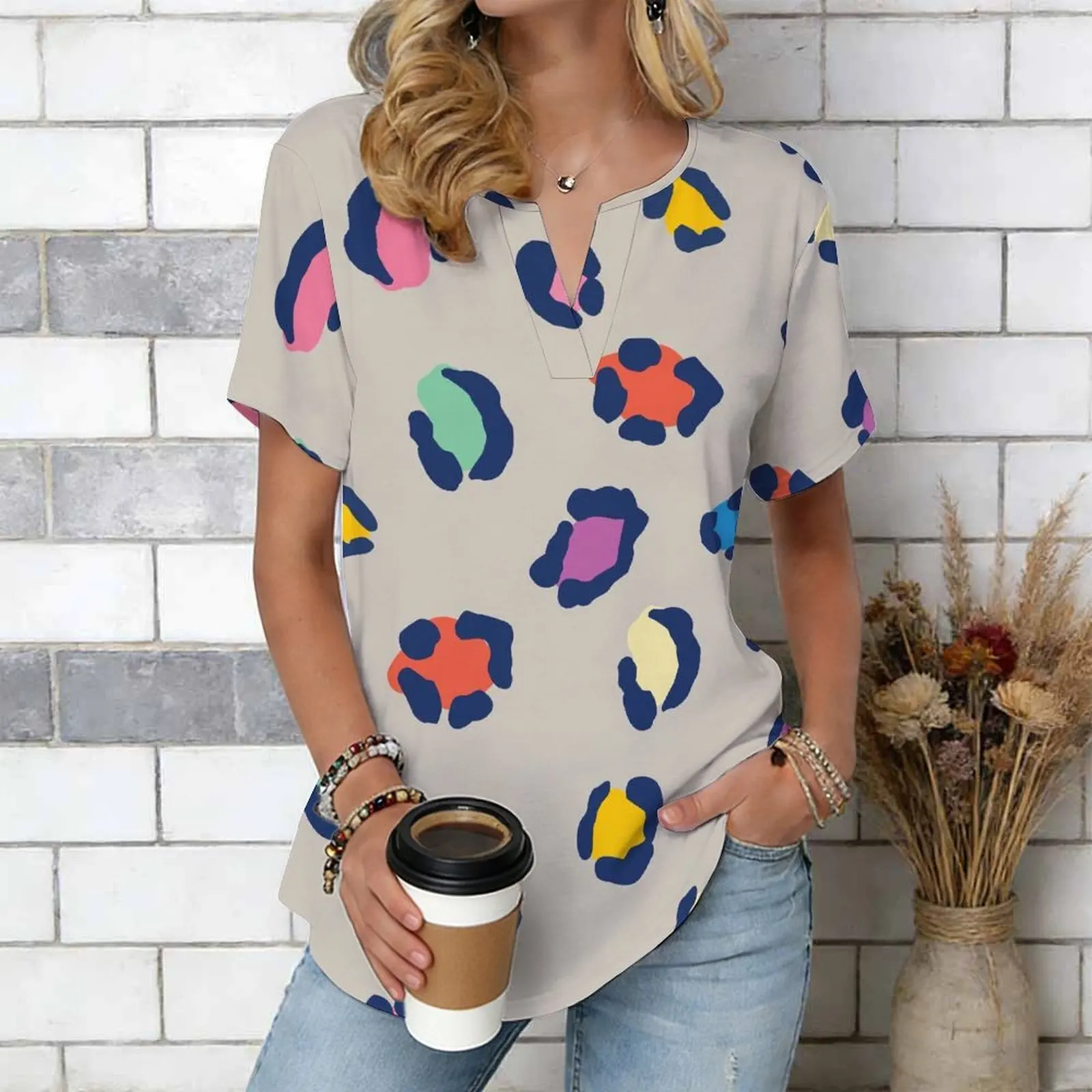 Women Print Notched V Neck Short Sleeve Casual Loose Tunic Tops