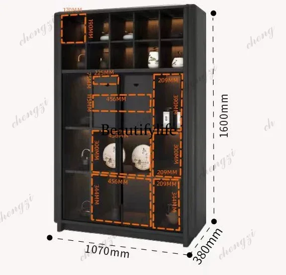 a55 Italian minimalist solid wood bookcase glass door floor-to-ceiling display cabinet modern combination locker with lamp view 2