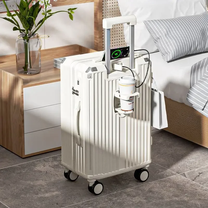 Valigia viaggio moda telaio in alluminio portabicchieri USB rotolamento bagagli ruote Spinner Trolley borsa cabina portabici Password valigia