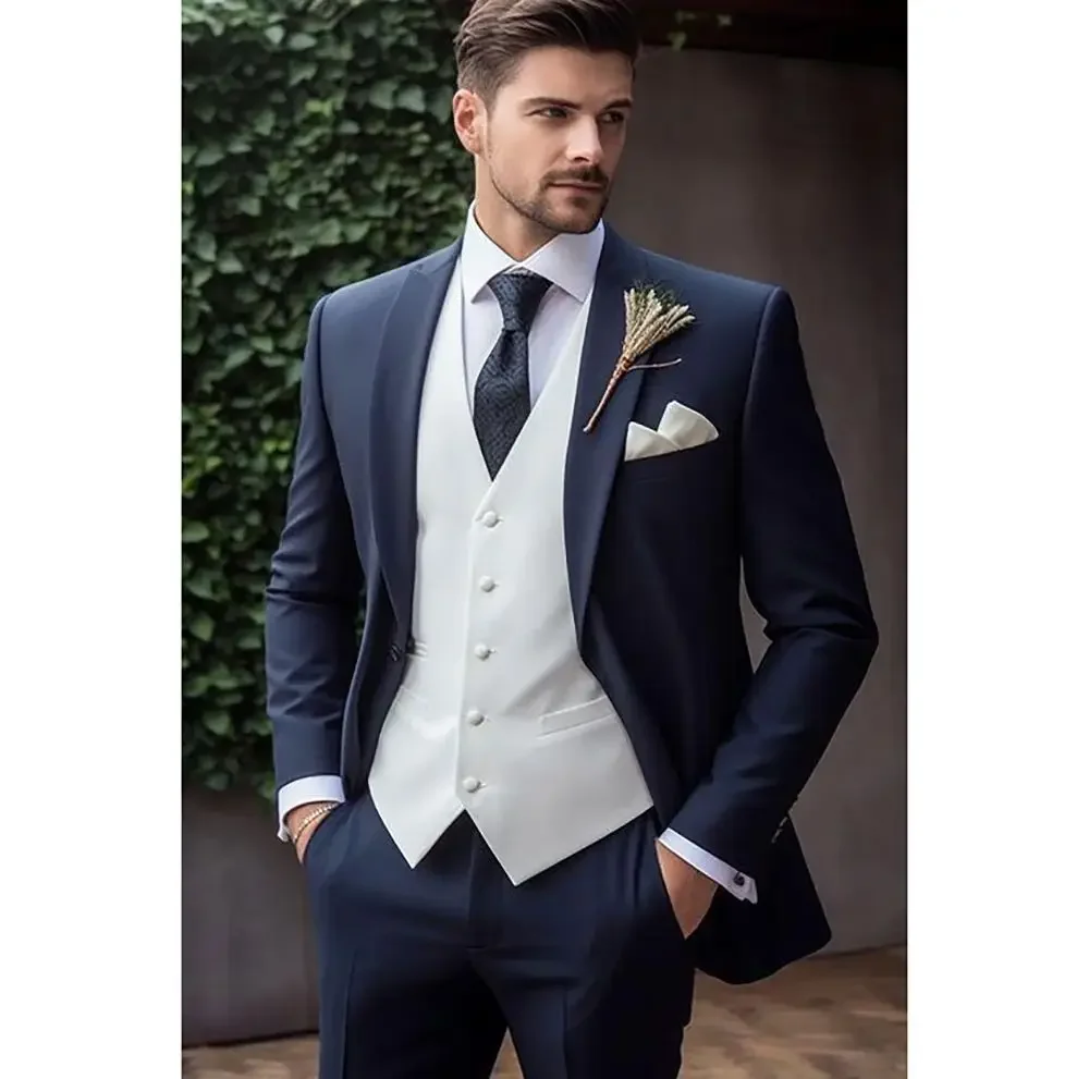 

Fashion Slim Single Breasted Men Tuxedo 3 Pieces Blazer+Pants+Vest Handsome Wedding Formal Work Causal Tailored Set