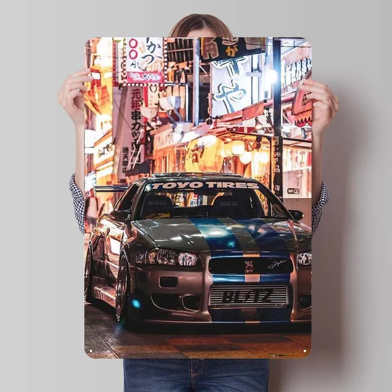 Nissan GTR R34 Tinplate Sign Car Poster Gamer Room Decoration Retro Metal Sign for Garage Wall Decoration Art Mural Club America