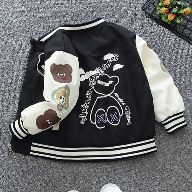 2024 Spring Autumn New Boys Girls Jacket Cartoon Bear Letter Print Baseball Uniform For 2-12 Years Children Sports Outerwear