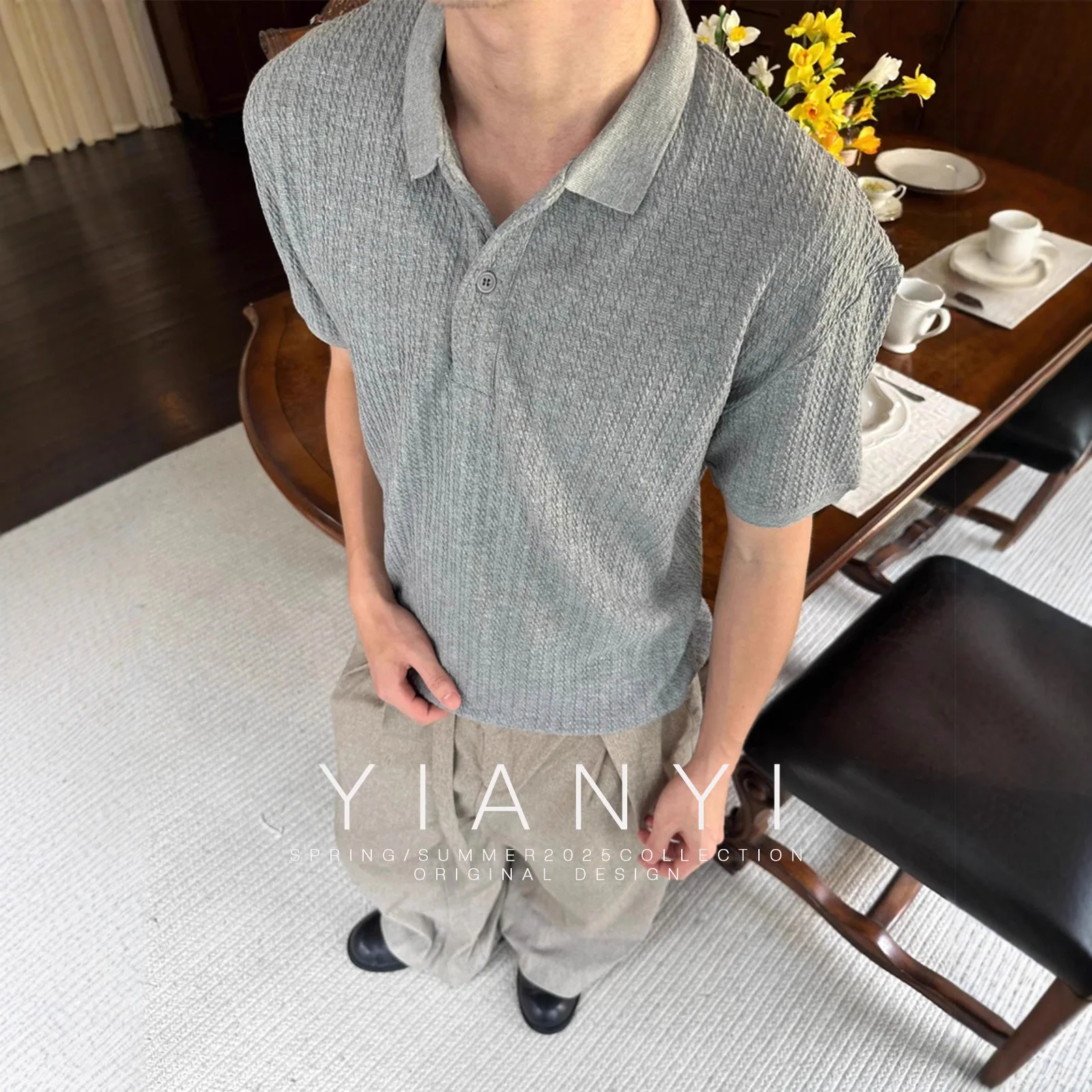 Man Short Sleeve T-shirt 2025 New Men's Henley Collar Short Sleeve Knit Shirt Unisex Retro Cleanfit Lapel Design