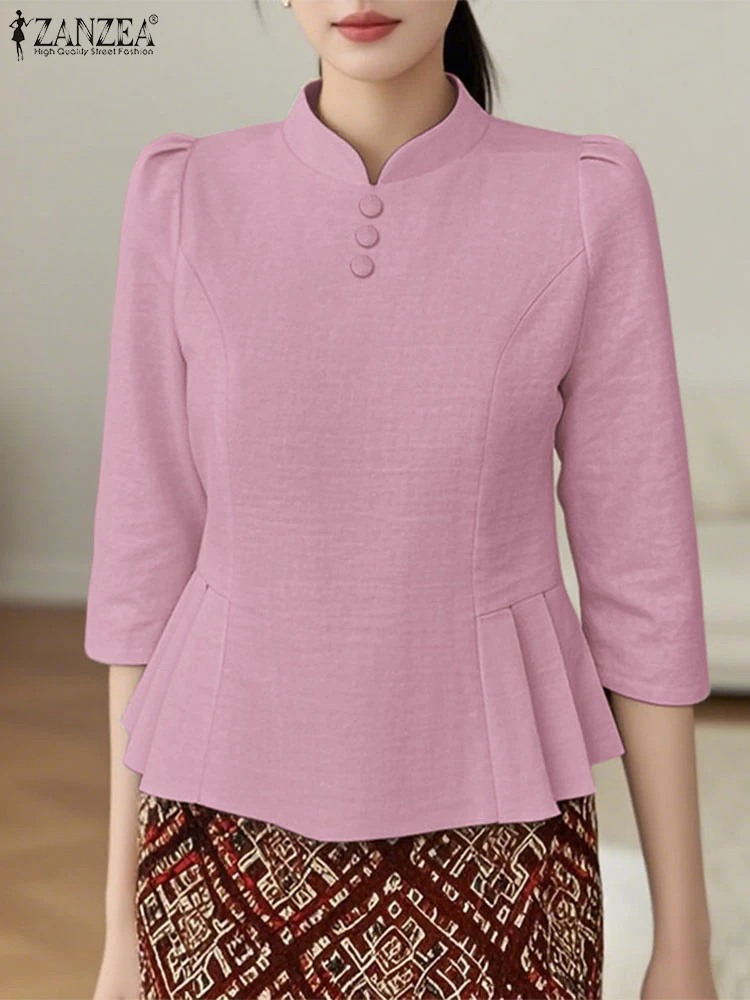 

2025 ZANZEA Elegant OL Office Blouse Women Fashion Stand Collar Solid Tunic Tops Autumn 3/4 Sleeve Casual Loose Blusas Femininas