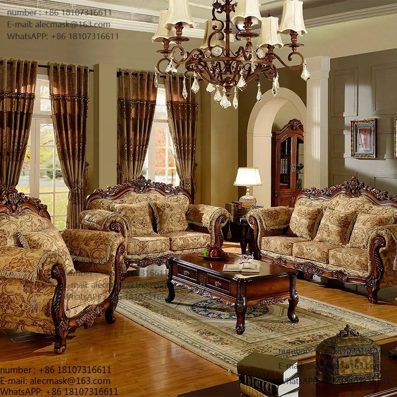 

Solid wood engraved fabric retro style furniture European living room home furniture