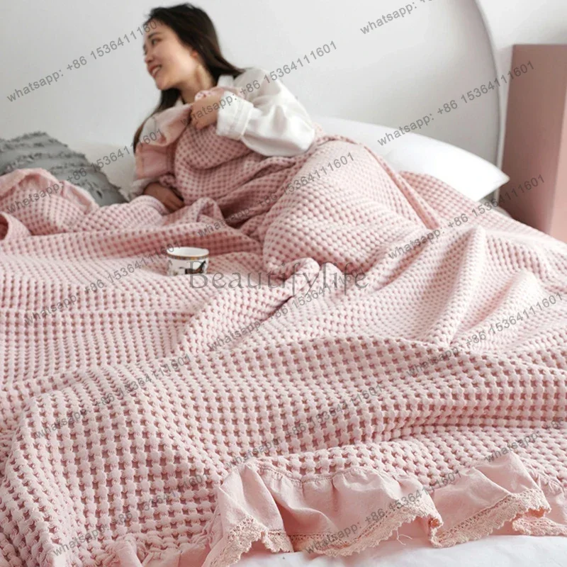 PG 100% Cotton Soft Bed Plaid Home Japenese Knitted Blanket Corn Grain Waffle Embossed Summer Ruffles Warm Plaid Throw Bedspread