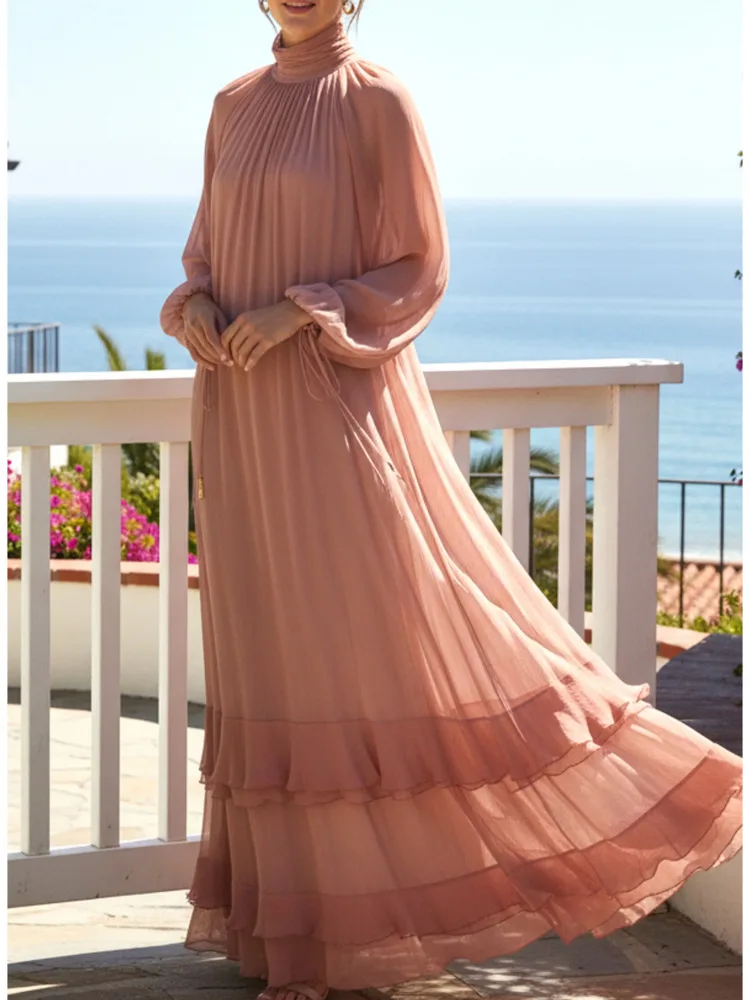 여성용 2025 봄 여름 시스루 러플 미디 드레스 스탠드 칼라 긴 소매 플로우 비치 파티 우아한 요정 드레스