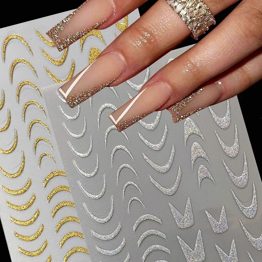 

2pcs 3D Embossed French Nail Art Stickers Self-Adhesive Glitter Strip Line DIY Manicure Nail Art Decals for Elegant Nail Design
