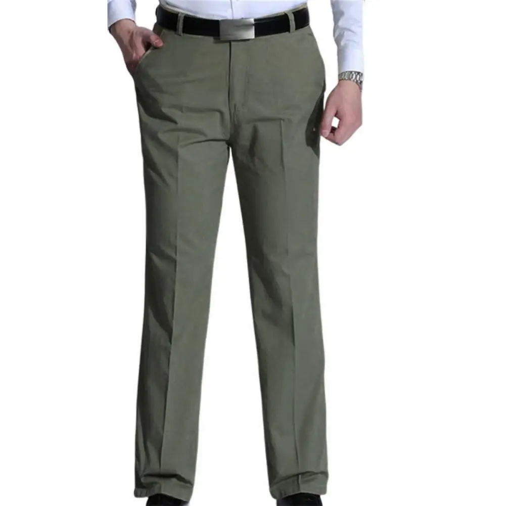 Middle-aged Men Trousers Spring Summer Solid Color Temperament Stretchy Straight Suit Pants Business Pants Zipper Fly