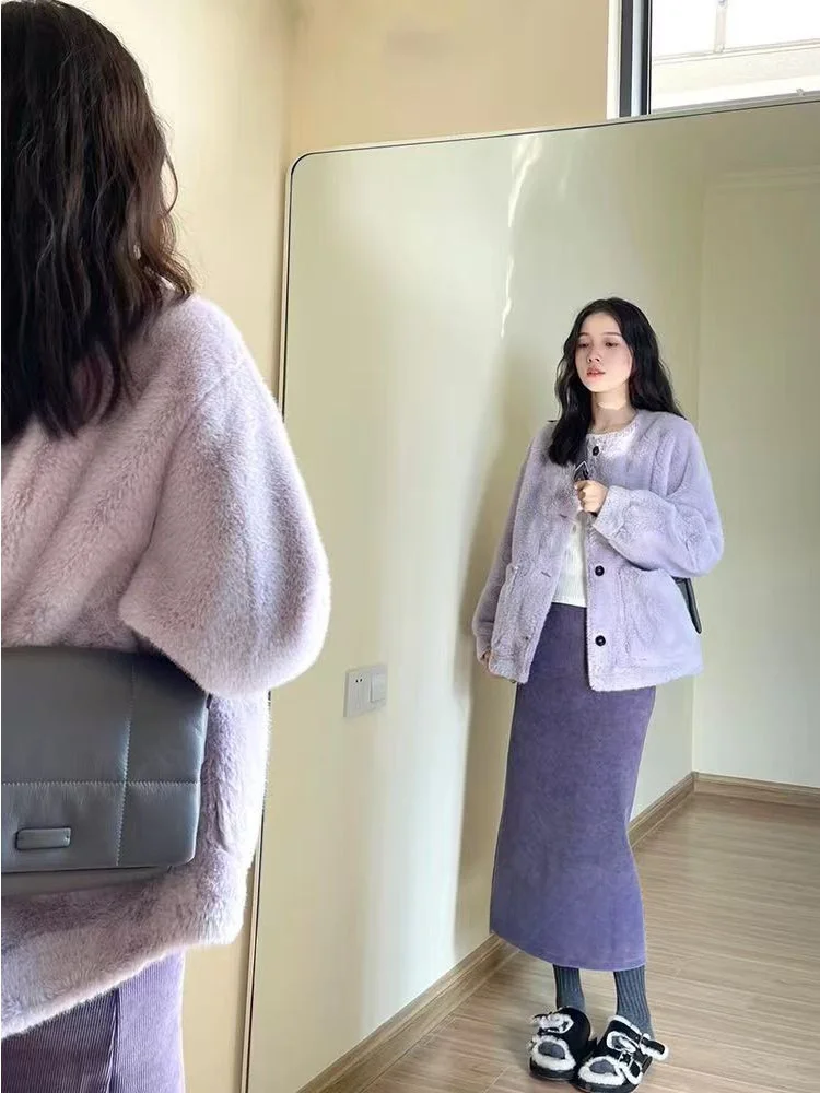 

Пурпурное пальто из овечьей шерсти для женщин: весеннее, утепленное, шикарное, в корейском стиле, свободного кроя, с длинными рукавами, на молнии