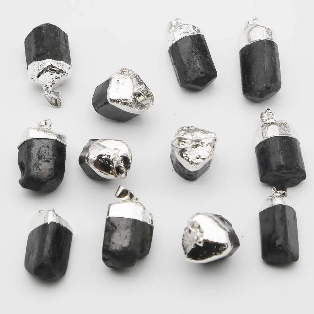 

Natural Gem Stone Black Raw Ore Tourmaline Silvering Irregular Pendant Necklace Reiki Charms Healing Energy Jewelry Making 10Pcs