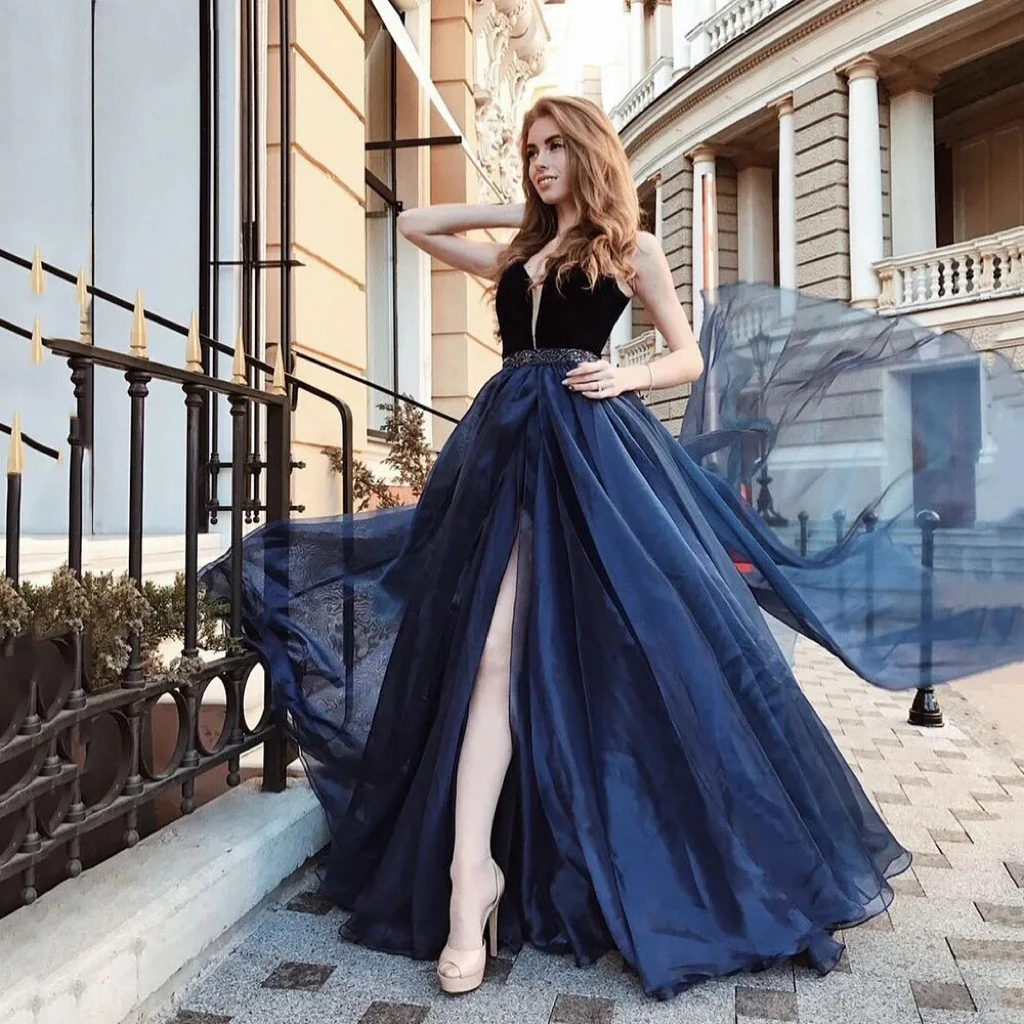 2023 elegan hitam gaun malam wanita V-neck Organza manik-manik A-Line celah Formal acara gaun Prom panjang vestidos de noche