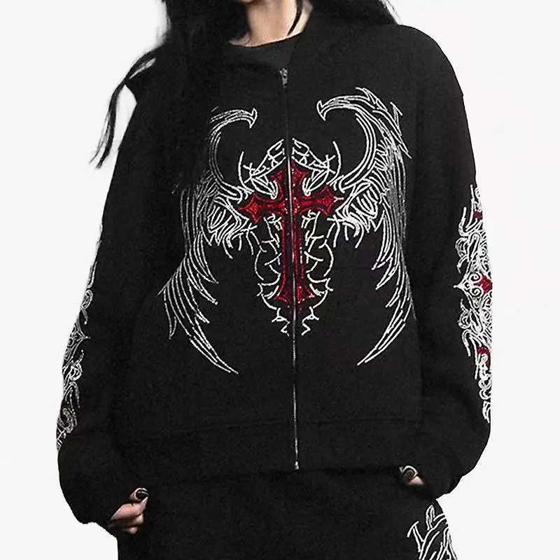 Tami Home IV Cross Dark Style Hoodie Jacket Rhinestone Wings Gothic Black Windbreaker Long Sleeve Thickened Winter Coat for Y...