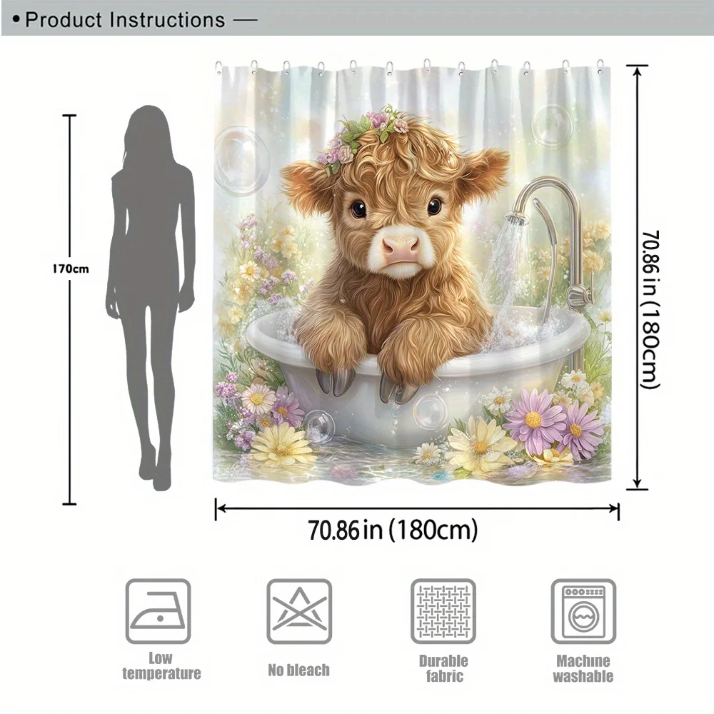 

Cute Baby Cow in Bathtub Shower Curtain Waterproof Easy to Clean Privacy Protection Print Floral Farm Animal Design Quick Setup