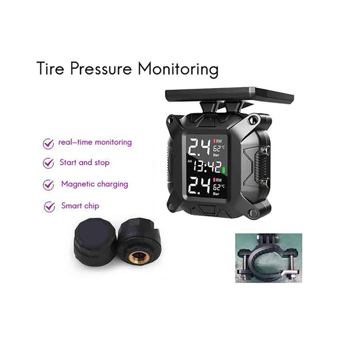 Wireless Motorcycle TPMS Tire Pressure Monitoring System Solar External Sensor Temperature Monitor Water Proof a