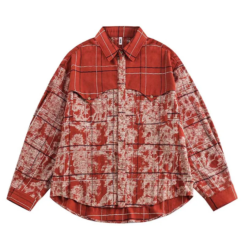 

Spring Autumn Oversized Shirts Men Harakuju Streetwear Button Up Blouse Color Block Patchwork