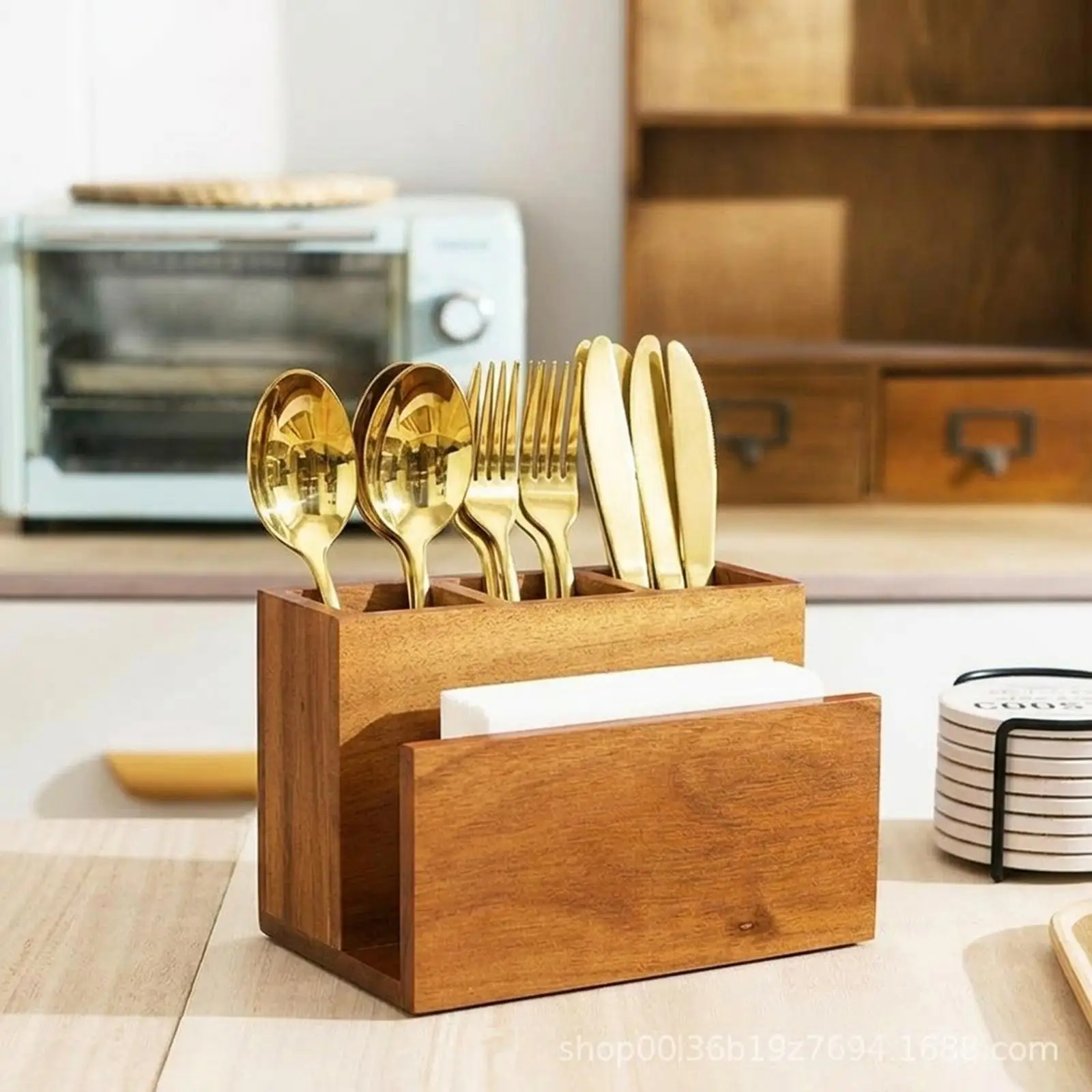Rustic Wooden Organizer Napkin Case Silverware Holder Multi Section Flatware Box for Home Countertop